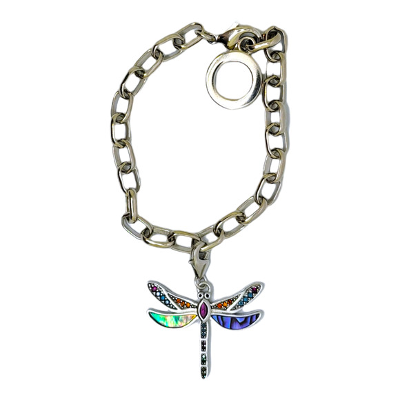 925 Sterling Silver Round Created Ruby Gemstone MOP Dragonfly Charm Bracelet 7" - Picture 9 of 9